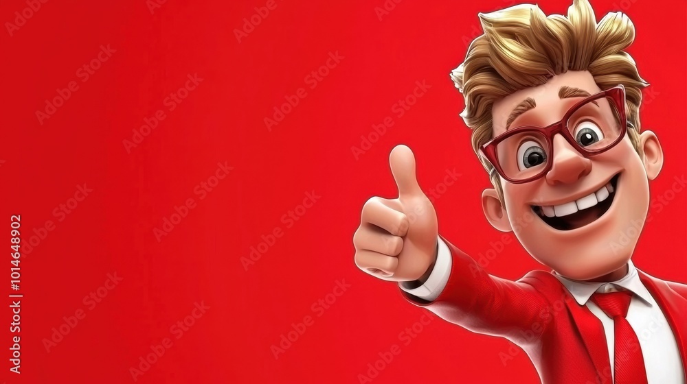 Cheerful cartoon character with red background