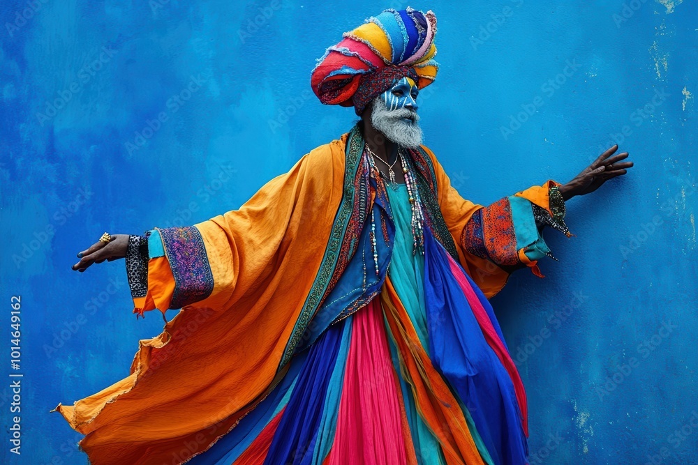 Fototapeta premium Epiphany Celebration: Joyful Person in Colorful Attire on Royal Blue Background