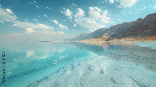 Stunning panoramic view of a serene mountain lake with crystal clear turquoise waters reflecting the majestic peaks and cloud dotted azure sky