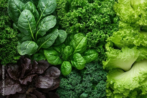 Neatly arranged display of an assortment of fresh, crisp leafy greens - kale spinach, and romaine lettuce