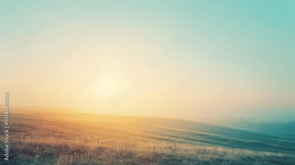 Obraz premium A warm dawn greets an expansive field with a dreamy blend of golden hues, inviting over the horizon of gently rolling hills.