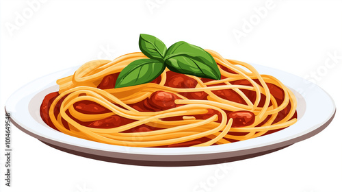 Illustration of spaghetti with marinara sauce and basil on a white plate photo