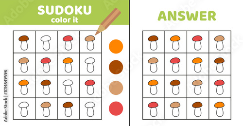 Sudoku with boletus. Coloring sudoku with mushrooms. Cartoon.