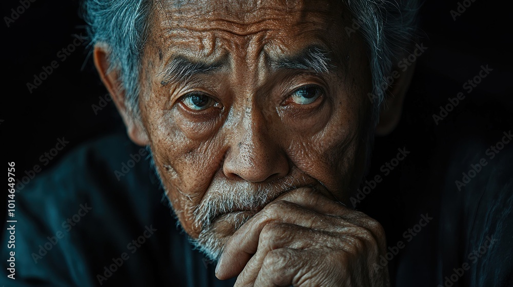 Portrait of a weathered, elderly Asian man lost in contemplative thought Portrait of a weathered, elderly Asian man lost in contemplative thought