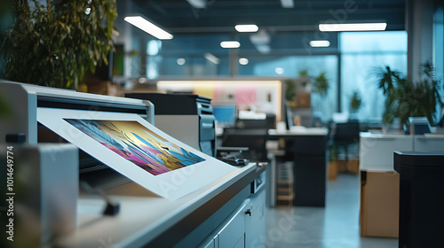 A large format printer printing a colorful abstract image in an office setting.