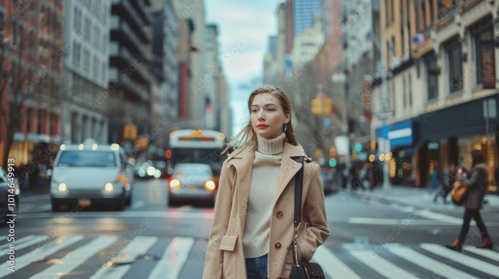 A solitary woman crosses a bustling urban street, exuding confidence and style amidst the vibrant city life. A solitary woman crosses a bustling urban street, exuding confidence and style amidst the vibrant city life.