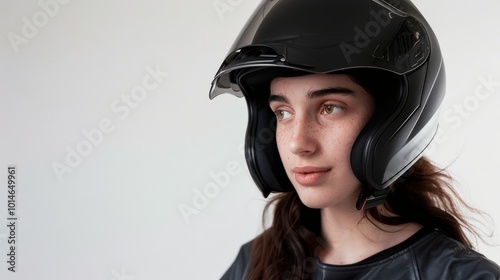 A woman with a thoughtful gaze wears a helmet; her softly lit portrait conveys a blend of curiosity and quiet confidence.