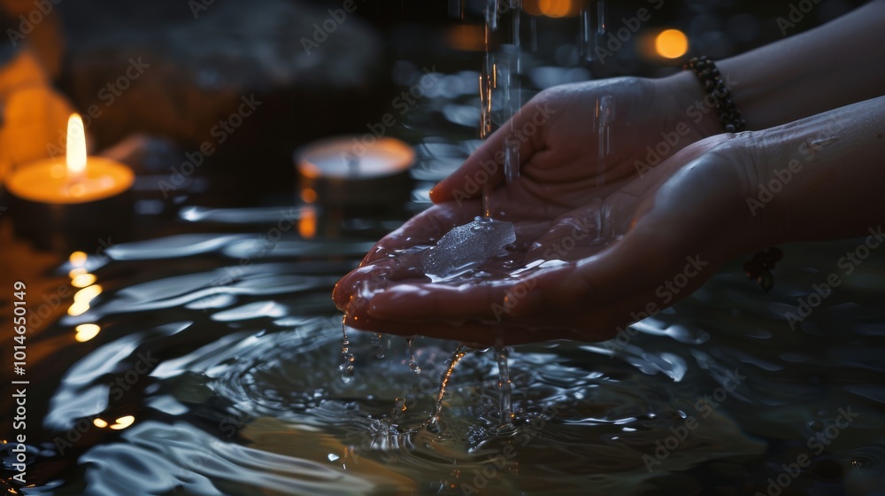 Fototapeta premium Hands cradle a stream of water with floating candles, creating a serene, mystical atmosphere in a candlelit sanctuary.