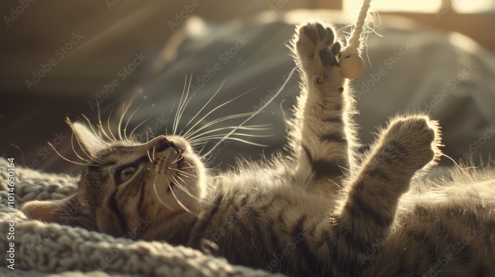 Under gentle golden light, a kitten reaches up playfully, reveling in the cozy comfort of a knitted surface. Under gentle golden light, a kitten reaches up playfully, reveling in the cozy comfort of a knitted surface.