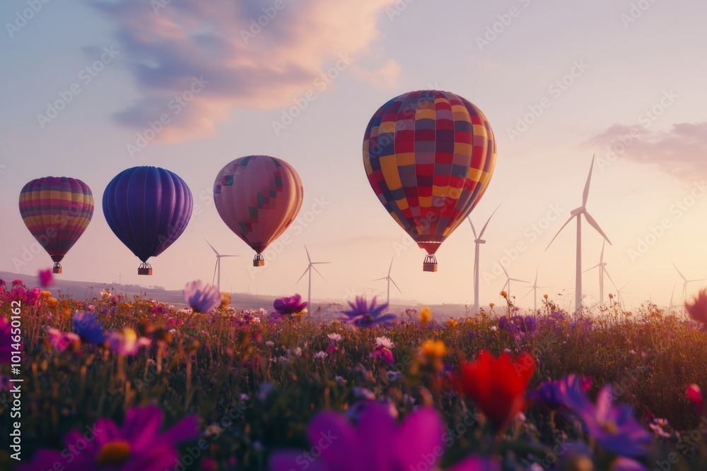 Fototapeta premium Colorful hot air balloons float above a vibrant flower field during sunset. Wind turbines spin gently in the background. A perfect blend of nature and adventure. Generative AI