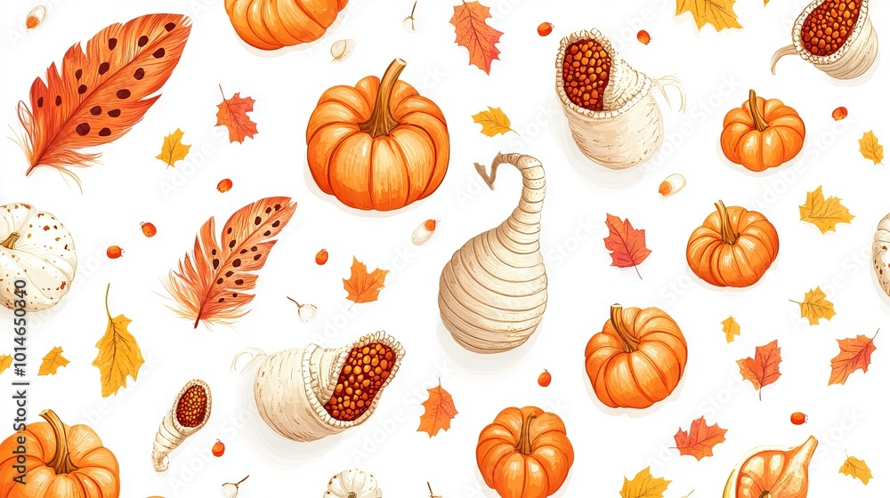 A pattern of pumpkins and leaves with a pumpkin with a stem A pattern of pumpkins and leaves with a pumpkin with a stem
