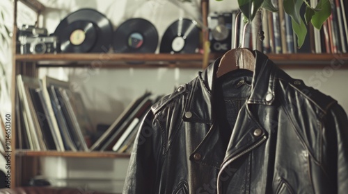 A vintage black leather jacket hangs stylishly in a room filled with vinyl records and retro decor.