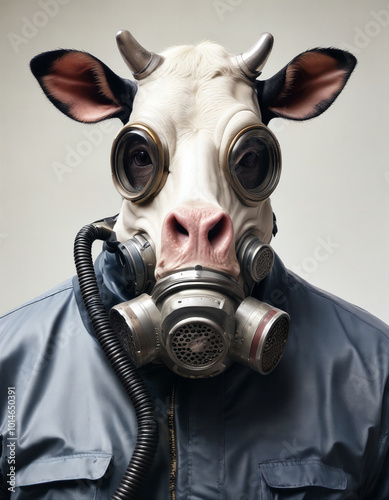 A person wearing a cow mask and gas mask in a surreal setting, showcasing a blend of animal and human characteristics photo