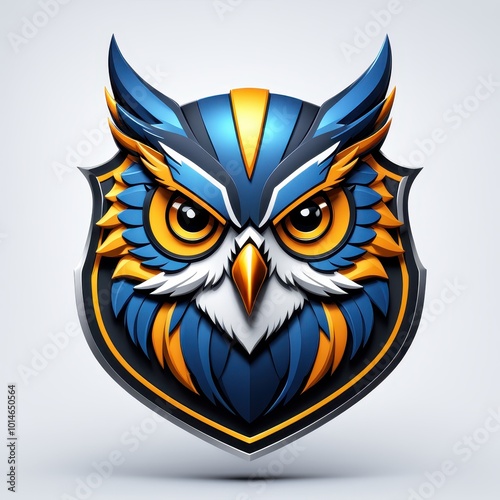 A stylized blue and orange owl emblem with sharp features and a fierce expression.