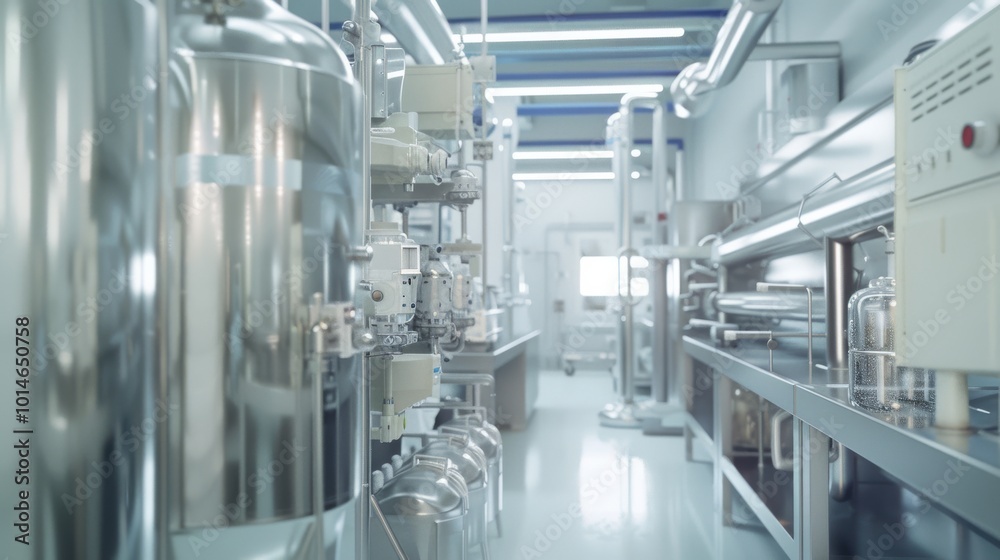 Naklejka premium Sleek, industrial lab filled with polished machinery and modern equipment glistens under bright, sterile lighting, exuding precision and innovation.