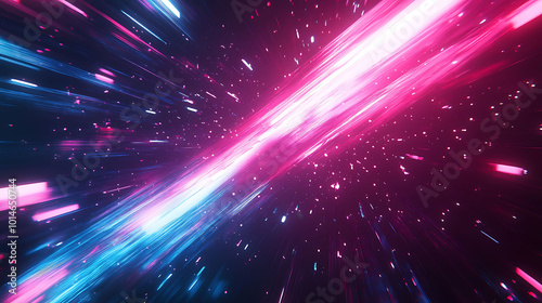 Abstract background with pink and blue glowing lines and particles on a black background.