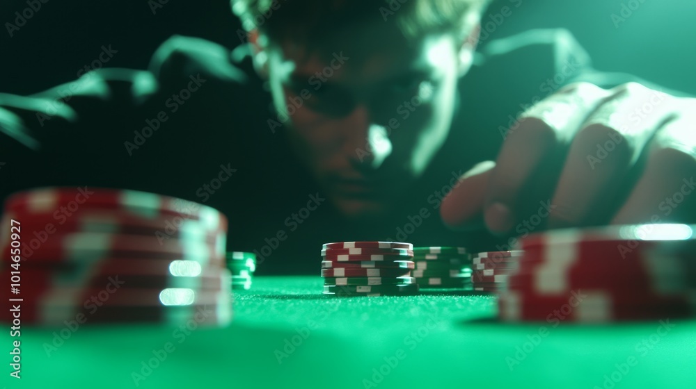 Naklejka premium Confident Player Making Bold Move at Blackjack Table - Cinematic Shot of High-Stakes Gambling