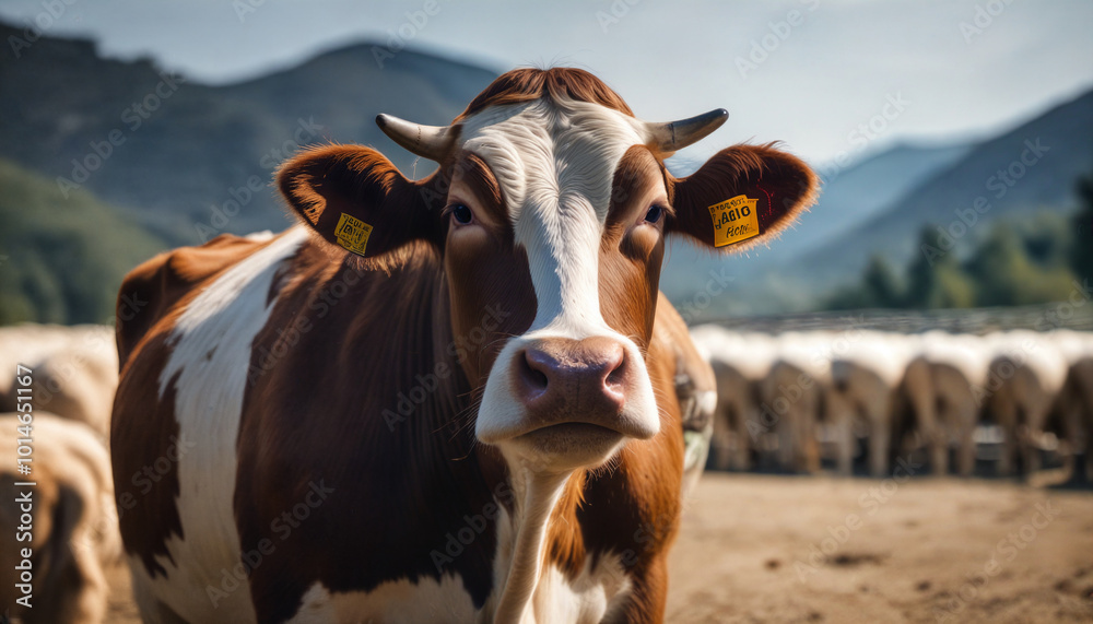 A curious brown and white cow stands prominently in a pasture, with grazing herd and mountains visible in the background during the afternoon A curious brown and white cow stands prominently in a pasture, with grazing herd and mountains visible in the background during the afternoon
