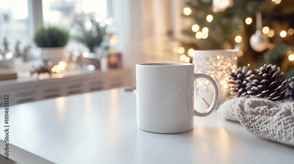 White ceramic tea mug with Christmas decoration and copy space for your design. Mockup for xmas promotional content. ai generated White ceramic tea mug with Christmas decoration and copy space for your design. Mockup for xmas promotional content. ai generated