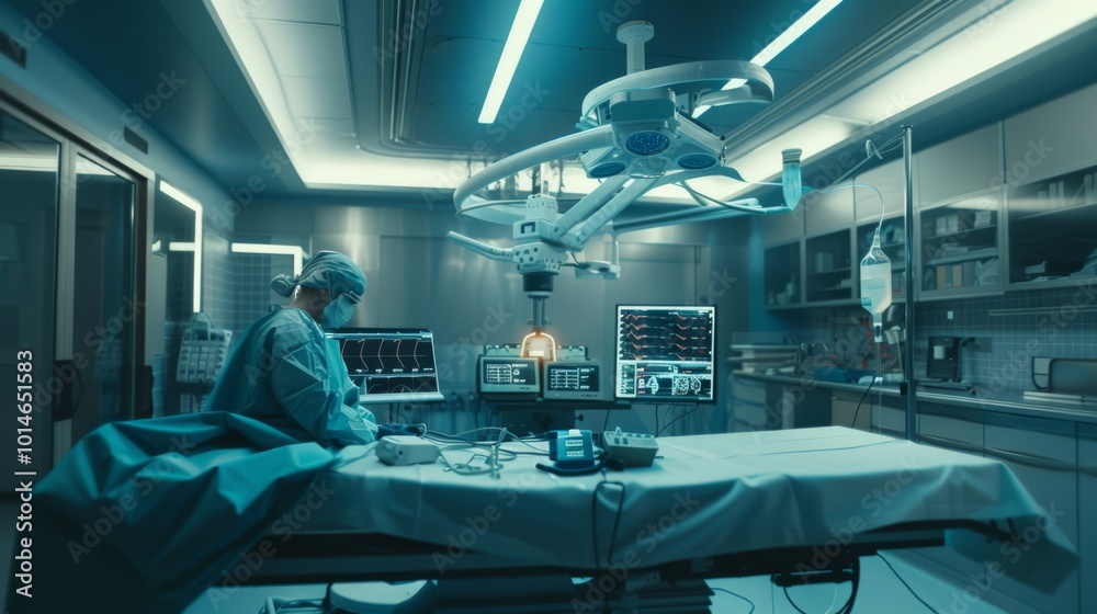 A surgeon in a high-tech operating room prepares for surgery, surrounded by modern medical equipment and digital monitors under bright lights.