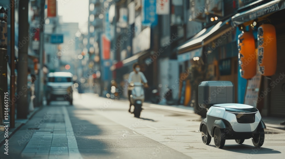 Obraz premium Autonomous delivery robot steadily traverses a vibrant street, embodying the intersection of technology and city living.