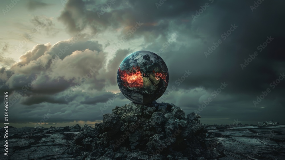 Naklejka premium A fiery globe balances on a rocky pedestal under ominous skies, symbolizing a world on the brink of chaos and destruction.
