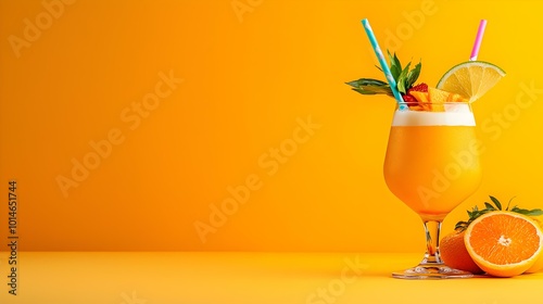 Vibrant tropical mai tai cocktail adorned with colorful straws and fresh fruit garnishes, evoking a festive beachside atmosphere photo