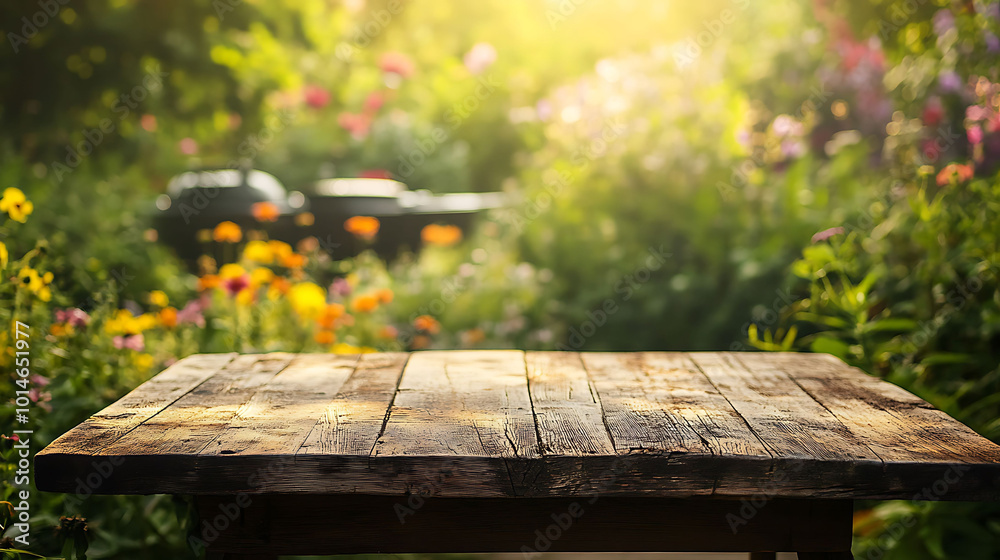 Fototapeta premium Empty wooden table top with blurry background of a flower garden.