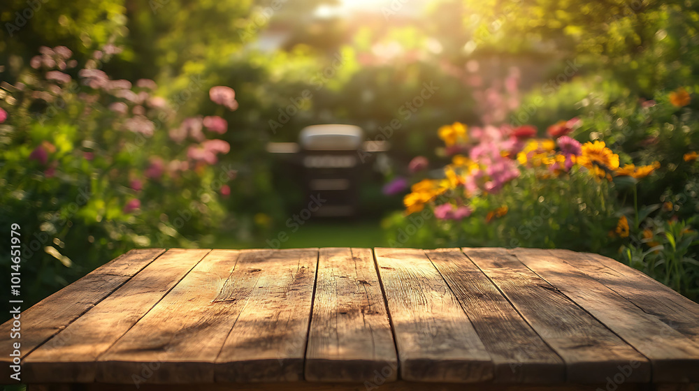Rustic wooden table with blurred background of a garden with flowers and a grill. Rustic wooden table with blurred background of a garden with flowers and a grill.