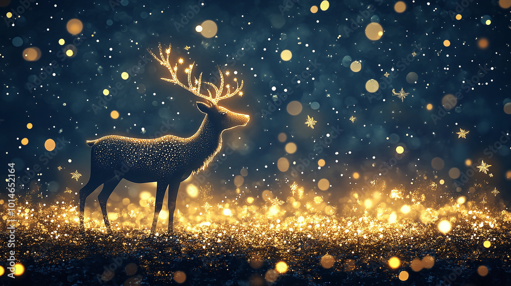 Christmas banner with magical scene of reindeer in show with Christmas lights and stars with copy space Christmas banner with magical scene of reindeer in show with Christmas lights and stars with copy space