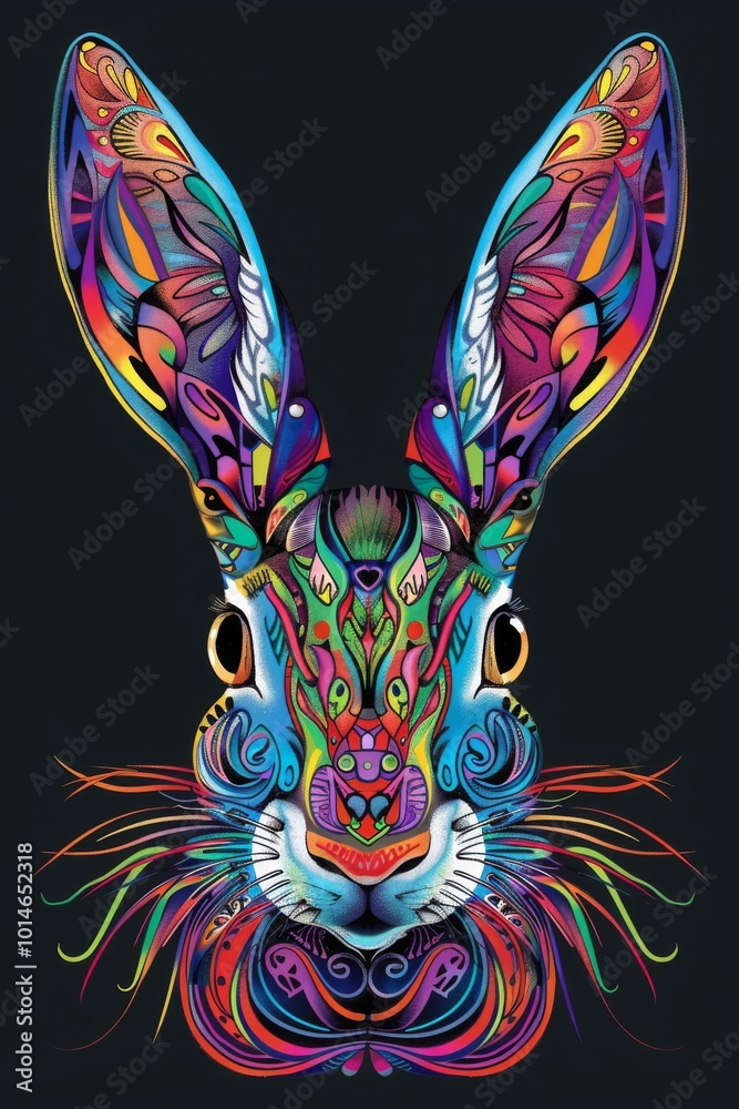 Obraz premium Realistic portrayal of a rabbit head with vibrant tribal patterns.