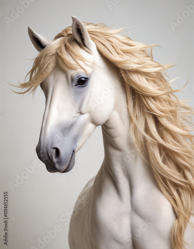 Elegant white horse with flowing mane posed against a neutral background, showcasing its beauty and grace in soft lighting