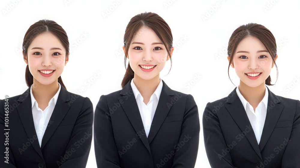 A stunning image featuring young and beautiful Japanese women in elegant suits against a pristine white background, designed for easy cropping. Captured from a below-waist camera angle A stunning image featuring young and beautiful Japanese women in elegant suits against a pristine white background, designed for easy cropping. Captured from a below-waist camera angle