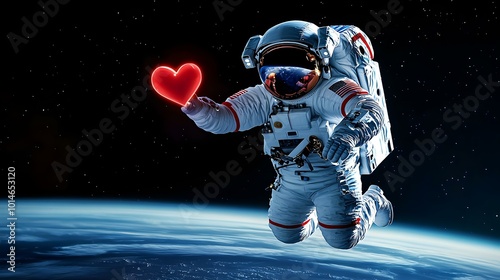 Cosmic Affection, an astronaut drifts through the vastness of space, sending vibrant hearts into the infinite universe, symbolizing love and connection.