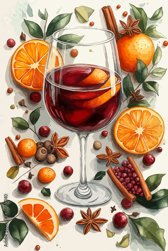 Glass of mulled wine with oranges, berries, and spices