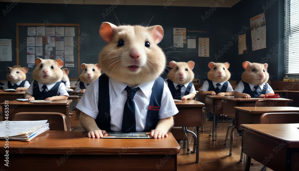 Classroom filled with hamsters wearing uniforms learning diligently at ...