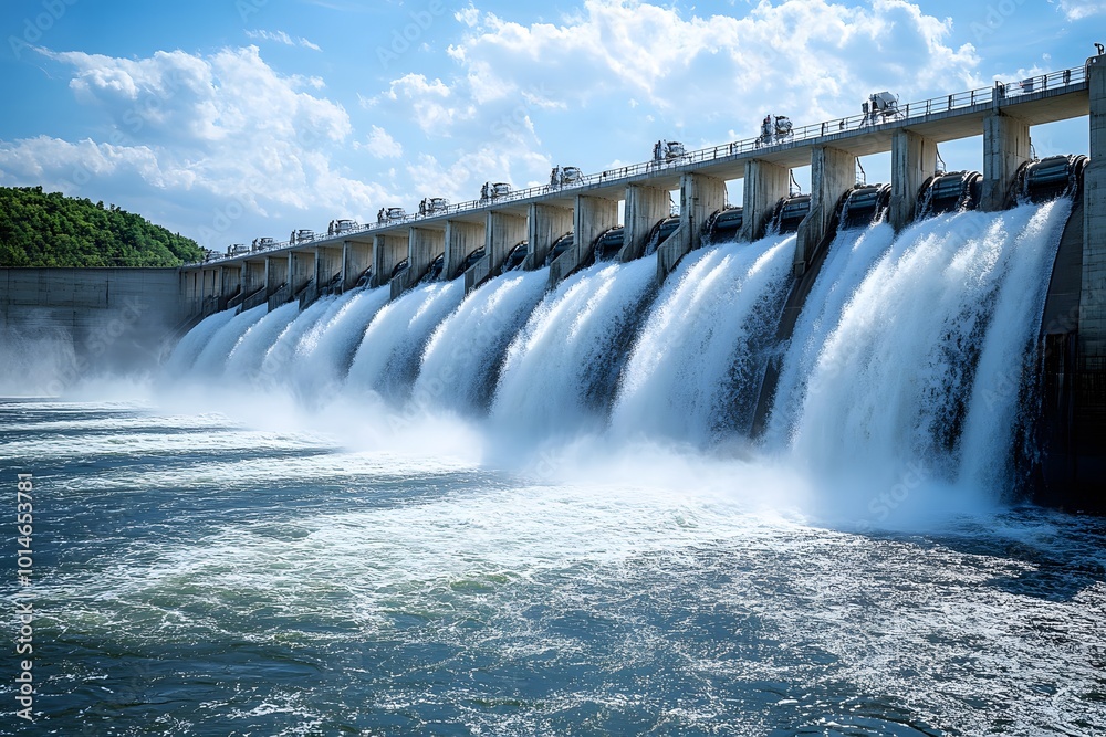 A detailed shot of a hydroelectric dam with rushing water A detailed shot of a hydroelectric dam with rushing water