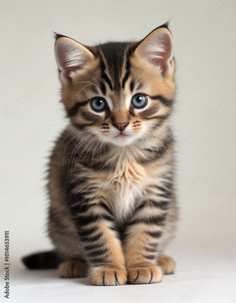 Playful tabby kitten with bright blue eyes sits gracefully against a neutral background Playful tabby kitten with bright blue eyes sits gracefully against a neutral background