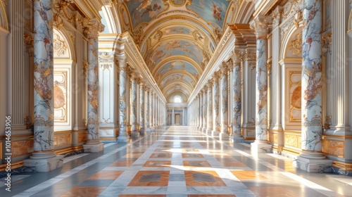 Breathtaking view of a grandiose palace hallway featuring ornate columns intricate arched entryways and a stunning marble floor The opulent and lavish design showcases the architectural masterpiece