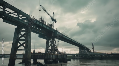 A massive, industrial bridge looms over a waterway against a moody sky, with cranes frozen in time.