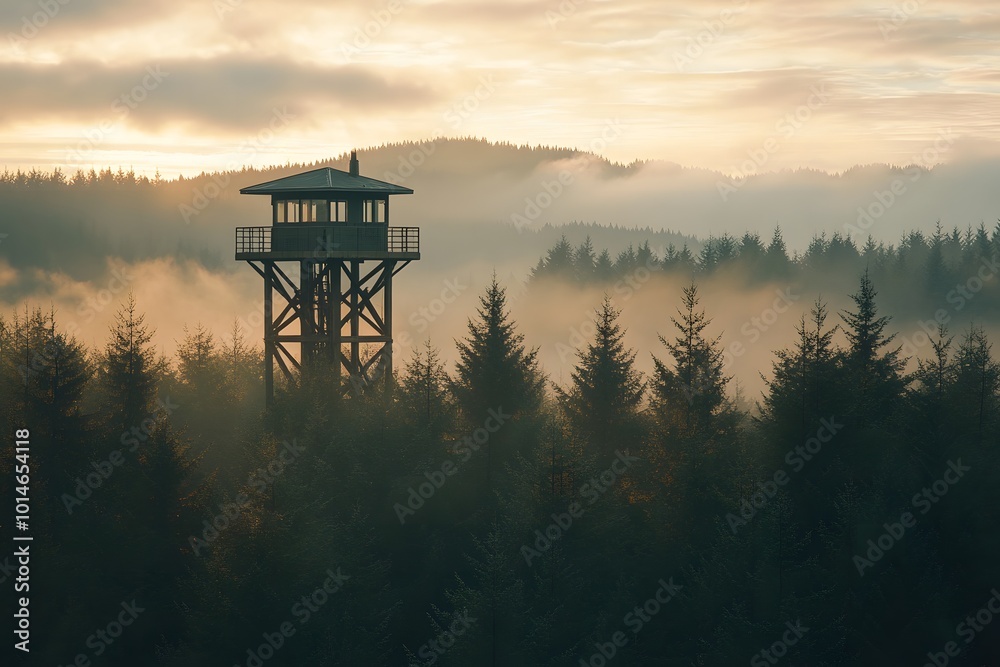 A serene image of a fire watchtower overlooking a dense forest, with a hazy sunset A serene image of a fire watchtower overlooking a dense forest, with a hazy sunset