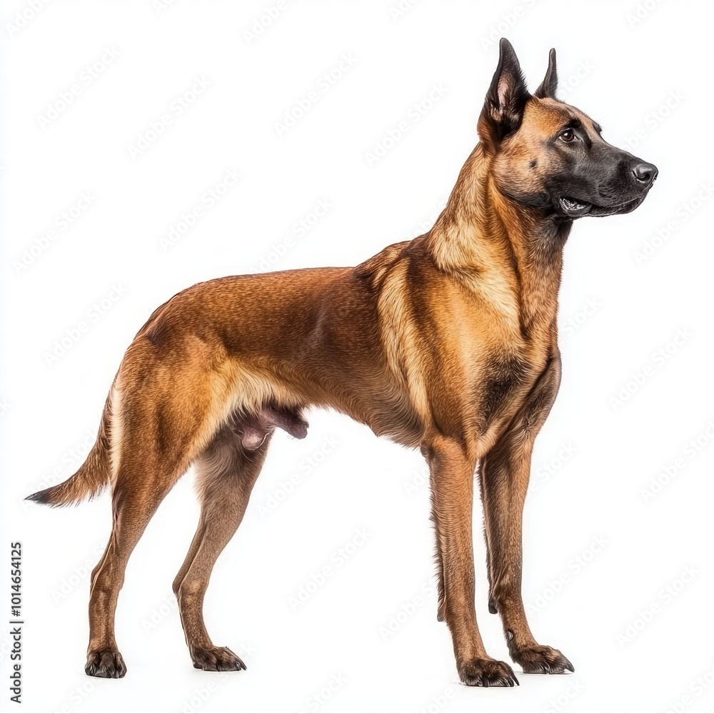 striking Belgian Malinois stands tall with a sleek physique, exuding confidence and alertness. Its intense gaze and poised stance isolated on white background. striking Belgian Malinois stands tall with a sleek physique, exuding confidence and alertness. Its intense gaze and poised stance isolated on white background.