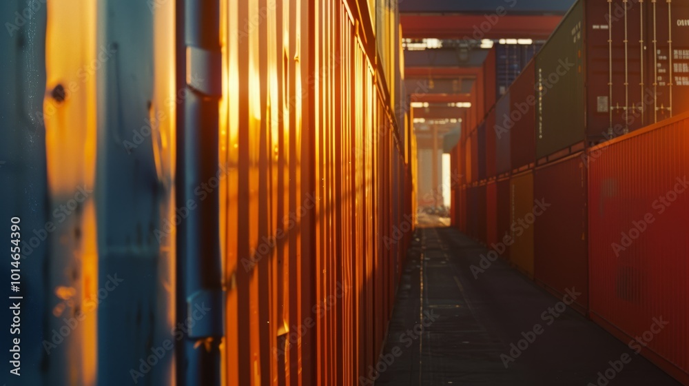 A narrow passage of cargo containers illuminated by a golden sunset; the long shadows add depth to the vibrant scene of industry and transport. A narrow passage of cargo containers illuminated by a golden sunset; the long shadows add depth to the vibrant scene of industry and transport.