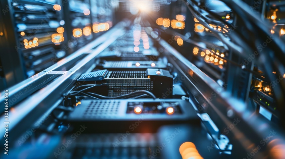 A futuristic server room glows under artificial lights, with network hardware meticulously aligned in sleek metal frames.