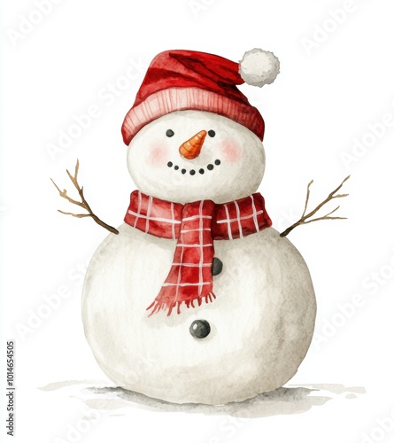 A simple, cute beige snowman with a red and white scarf, painted in watercolor 