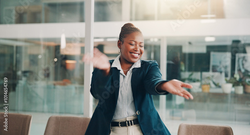 Dance, celebration and happy with business black woman in office for success, winner and sales achievement. Deal closer, energy and bonus with employee in agency for profit, excited and project photo