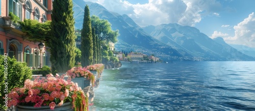 Breathtaking panoramic view of a luxurious lakeside villa nestled amidst a picturesque Italian landscape with a backdrop of majestic mountains and a serene reflective lake
