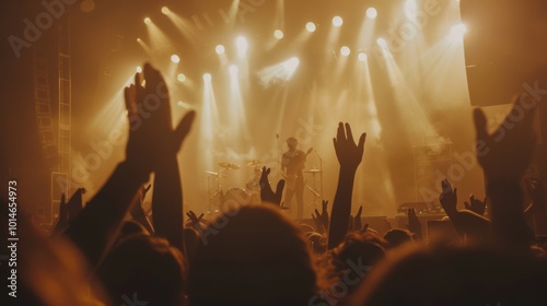 Enthusiastic concertgoers raise their hands towards the glowing stage, immersed in the pounding rhythm and dazzling lights of a live performance. photo