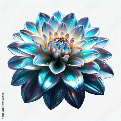 glowing metallic iridescent light blue Dahlia on a white background