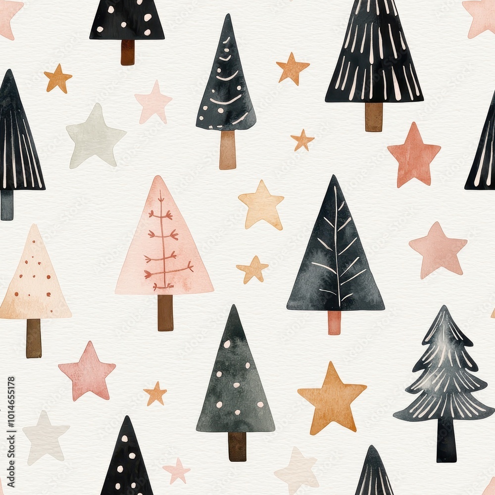 Obraz premium Watercolor Scandinavian Christmas elements, simple trees and stars, seamless pattern, neutral tones, soft texture, deep depth of field. Christmas tile